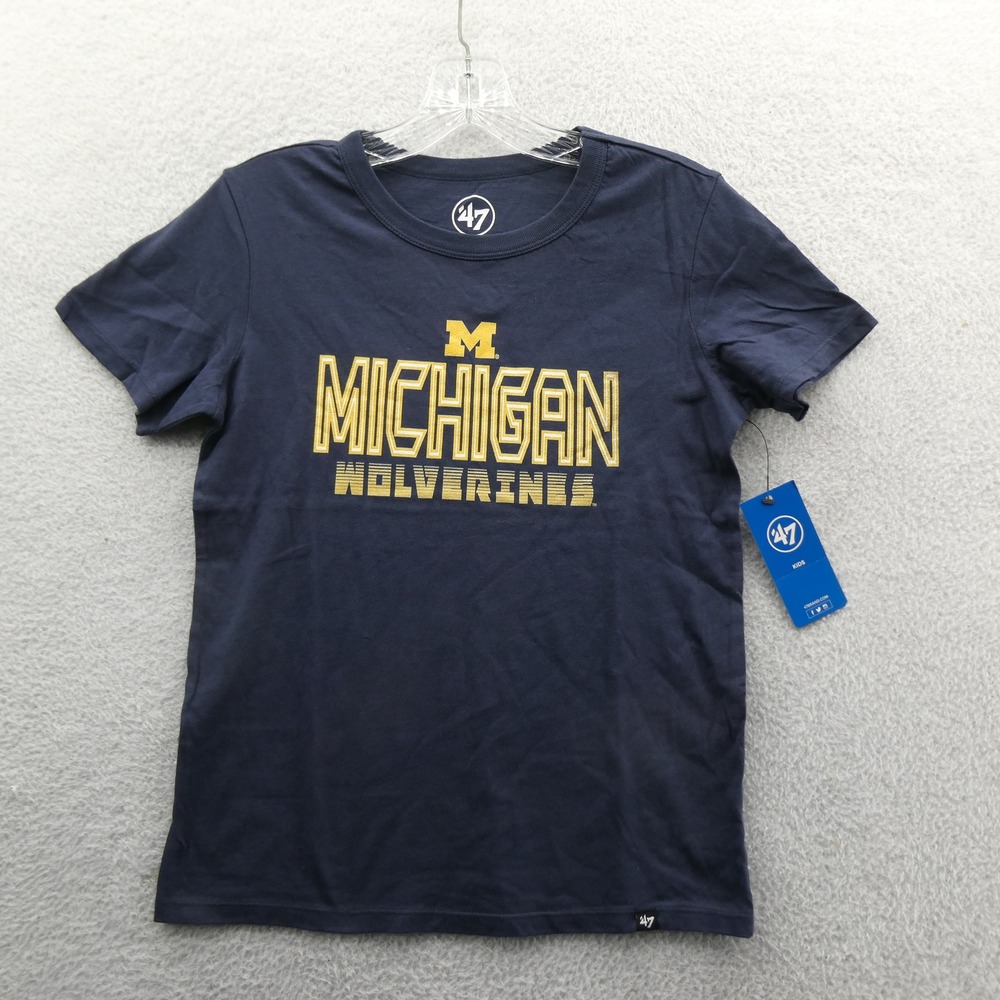 '47 Brand Shirt Kids Large Michigan Wolverines Navy Blue Cotton Short Sleeve